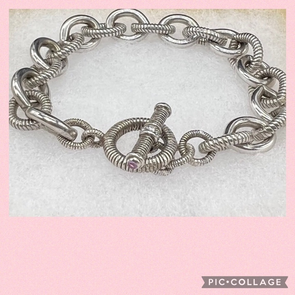 JUDITH RIPKA ROLO LINK—925 STERLING BRACELET, PINK SAPPHIRE+CLEAR DMQ on TOGGLE